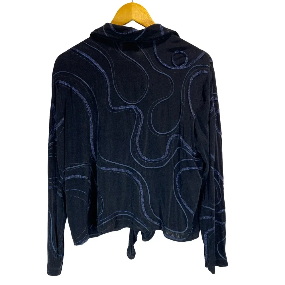 Chicos Travelers Womens Size 2 Black Blue Swirl Ribbon‎ Tie Front Cardigan Top